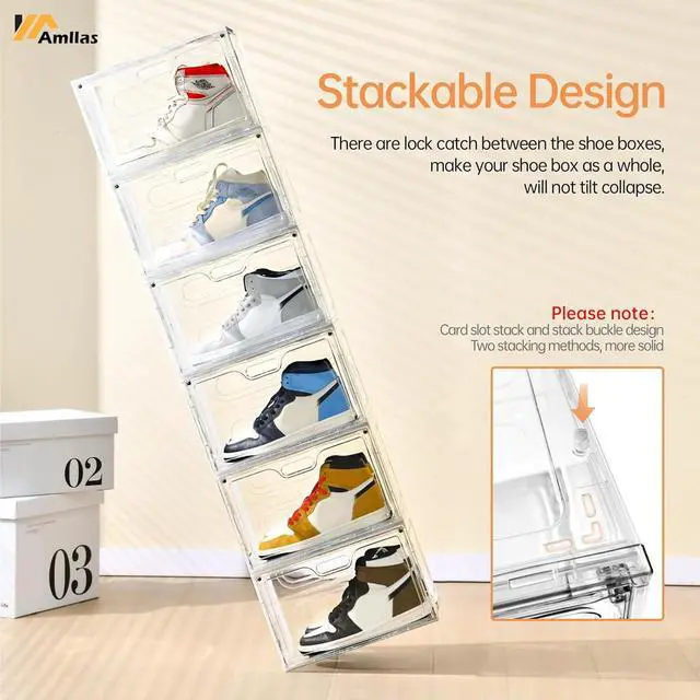 Alt view image 4 of 7 - 8 Pack Shoe Boxes Clear Plastic Stackable, Large Shoe Storage Organizer with Lids,Drop Side Shoe Containers for Entryway,Sneaker Storage Fit up to US Size 13 (13x 10.6x 8.3)