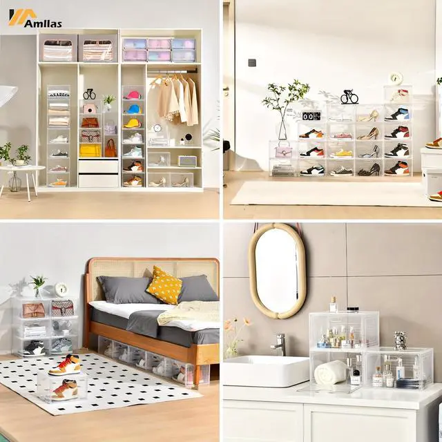 Alt view image 6 of 7 - 8 Pack Shoe Boxes Clear Plastic Stackable, Large Shoe Storage Organizer with Lids,Drop Side Shoe Containers for Entryway,Sneaker Storage Fit up to US Size 13 (13x 10.6x 8.3)