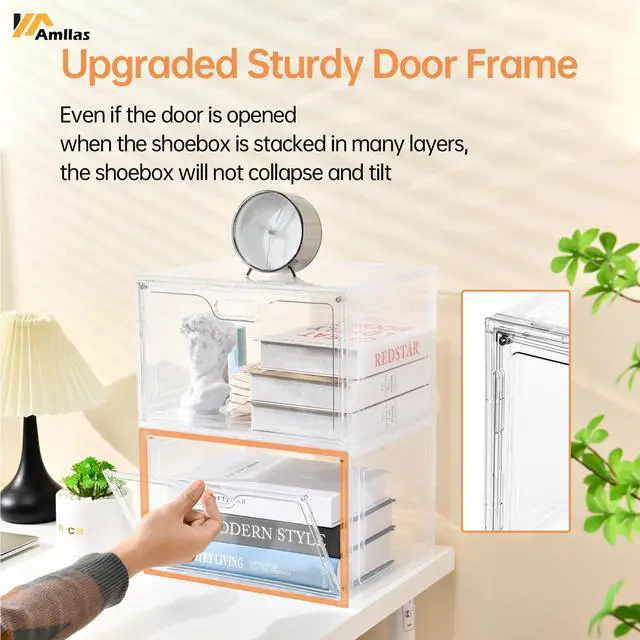 Alt view image 7 of 7 - 8 Pack Shoe Boxes Clear Plastic Stackable, Large Shoe Storage Organizer with Lids,Drop Side Shoe Containers for Entryway,Sneaker Storage Fit up to US Size 13 (13x 10.6x 8.3)
