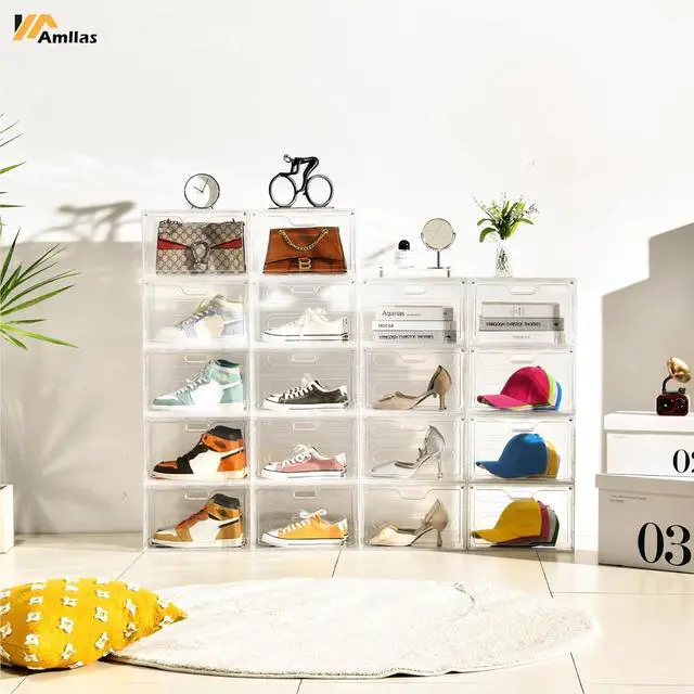 Alt view image 5 of 7 - 8 Pack Shoe Boxes Clear Plastic Stackable, Large Shoe Storage Organizer with Lids,Drop Side Shoe Containers for Entryway,Sneaker Storage Fit up to US Size 13 (13x 10.6x 8.3)
