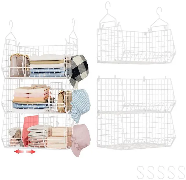 Main image of 3 Tier Extra Large Closet Hanging Shelves with Divider, 16.5"L x 11.8"W x 33.6"H Closets Organizers and Storage with 5 S Hooks, Clothes Organizer for Sweaters Shoes Handbags Clutches Accessories-White