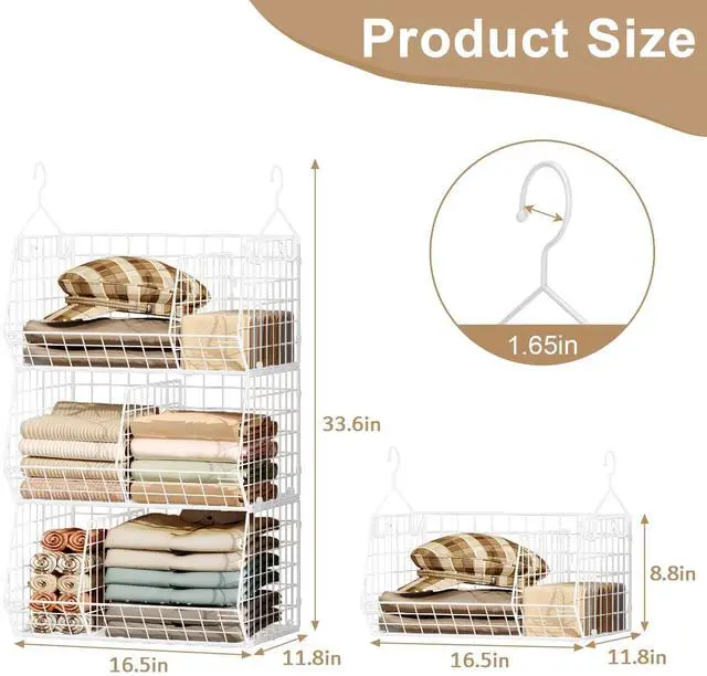 Alt view image 3 of 7 - 3 Tier Extra Large Closet Hanging Shelves with Divider, 16.5"L x 11.8"W x 33.6"H Closets Organizers and Storage with 5 S Hooks, Clothes Organizer for Sweaters Shoes Handbags Clutches Accessories-White