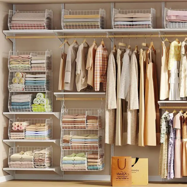 Alt view image 4 of 7 - 3 Tier Extra Large Closet Hanging Shelves with Divider, 16.5"L x 11.8"W x 33.6"H Closets Organizers and Storage with 5 S Hooks, Clothes Organizer for Sweaters Shoes Handbags Clutches Accessories-White