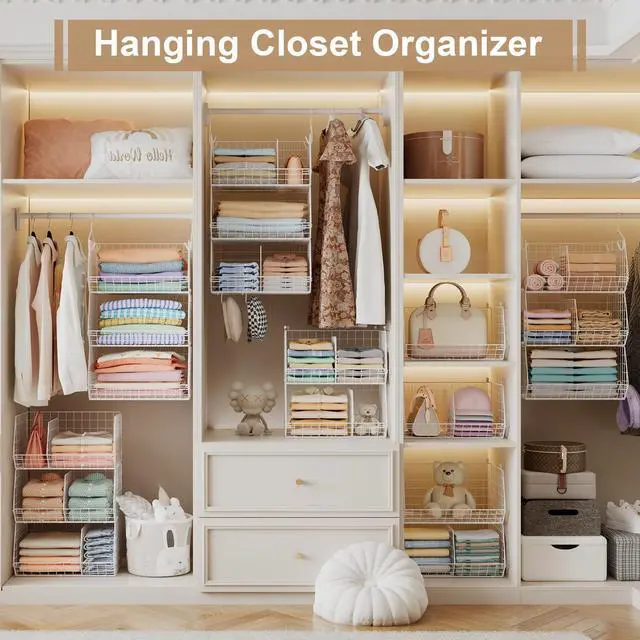 Alt view image 6 of 7 - 3 Tier Extra Large Closet Hanging Shelves with Divider, 16.5"L x 11.8"W x 33.6"H Closets Organizers and Storage with 5 S Hooks, Clothes Organizer for Sweaters Shoes Handbags Clutches Accessories-White