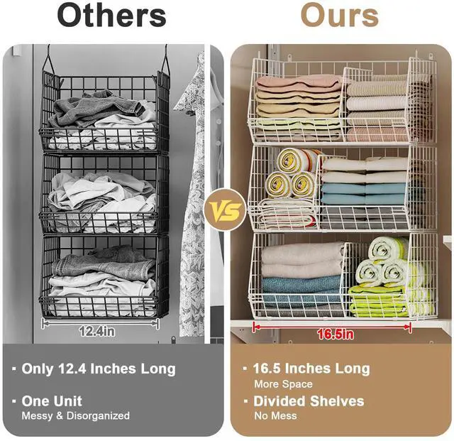 Alt view image 5 of 7 - 3 Tier Extra Large Closet Hanging Shelves with Divider, 16.5"L x 11.8"W x 33.6"H Closets Organizers and Storage with 5 S Hooks, Clothes Organizer for Sweaters Shoes Handbags Clutches Accessories-White
