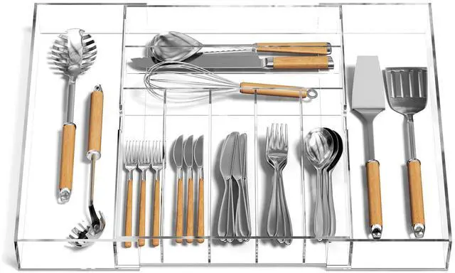 Main image of Expandable Kitchen Drawer Organizer for Flatware and Utensils,Clear Acrylic Adjustable Silverware Tray for Drawer,Office,Bathroom Supplies-9 Compartments