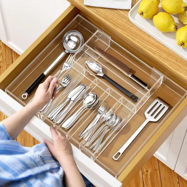 Alt view image 5 of 7 - Expandable Kitchen Drawer Organizer for Flatware and Utensils,Clear Acrylic Adjustable Silverware Tray for Drawer,Office,Bathroom Supplies-9 Compartments