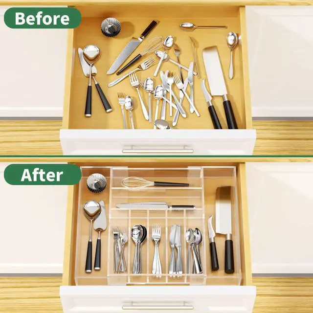 Alt view image 4 of 7 - Expandable Kitchen Drawer Organizer for Flatware and Utensils,Clear Acrylic Adjustable Silverware Tray for Drawer,Office,Bathroom Supplies-9 Compartments