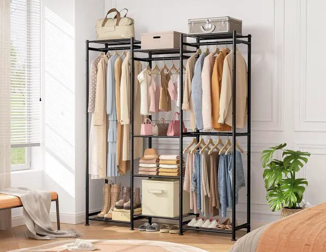 Alt view image 2 of 7 - Wardrobe Closet, 4 Hanging Spaces Portable Clothes Rack,Free Standing Closet Organizer and Storage System with Hanging Rods,Clothing Rack Suitable for Cloakroom,Bedroom,Entrances,etc.Black
