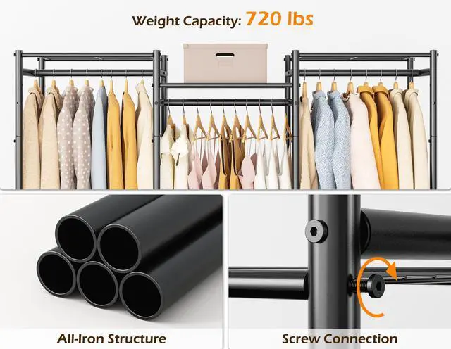 Alt view image 5 of 7 - Wardrobe Closet, 4 Hanging Spaces Portable Clothes Rack,Free Standing Closet Organizer and Storage System with Hanging Rods,Clothing Rack Suitable for Cloakroom,Bedroom,Entrances,etc.Black