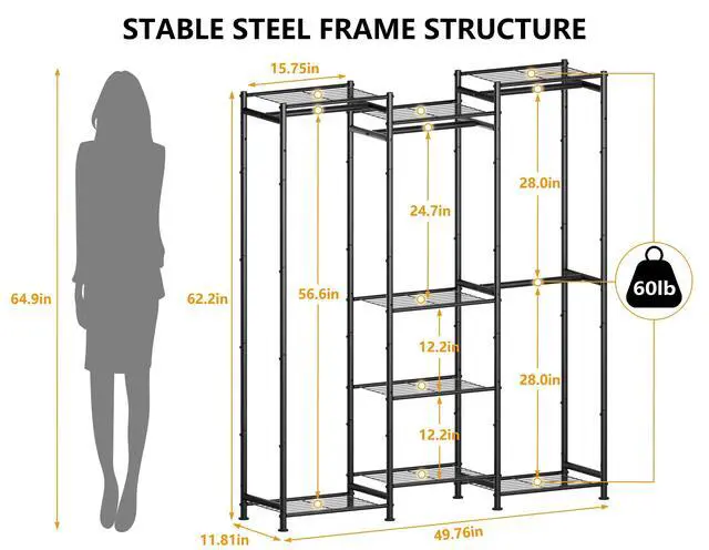 Alt view image 3 of 7 - Wardrobe Closet, 4 Hanging Spaces Portable Clothes Rack,Free Standing Closet Organizer and Storage System with Hanging Rods,Clothing Rack Suitable for Cloakroom,Bedroom,Entrances,etc.Black