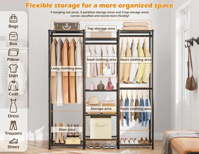 Alt view image 6 of 7 - Wardrobe Closet, 4 Hanging Spaces Portable Clothes Rack,Free Standing Closet Organizer and Storage System with Hanging Rods,Clothing Rack Suitable for Cloakroom,Bedroom,Entrances,etc.Black