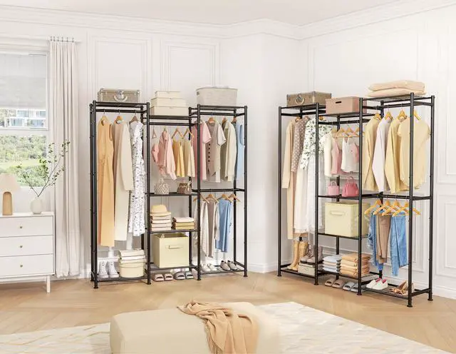 Alt view image 7 of 7 - Wardrobe Closet, 4 Hanging Spaces Portable Clothes Rack,Free Standing Closet Organizer and Storage System with Hanging Rods,Clothing Rack Suitable for Cloakroom,Bedroom,Entrances,etc.Black