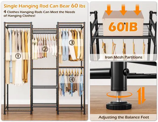 Alt view image 4 of 7 - Wardrobe Closet, 4 Hanging Spaces Portable Clothes Rack,Free Standing Closet Organizer and Storage System with Hanging Rods,Clothing Rack Suitable for Cloakroom,Bedroom,Entrances,etc.Black