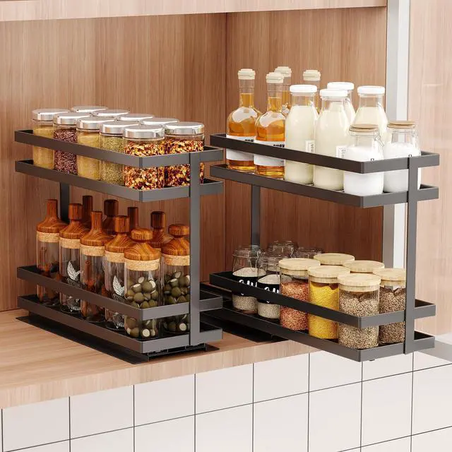 Main image of 2 Pack Pull Out Spice Rack Organizer for Cabinet, 2 Tier Metal Slide Out Seasoning Organizer and Storage Heavy Duty Vertical Spice Rack Shelf Pullout for Kitchen Cabinets No Drilling (Black)