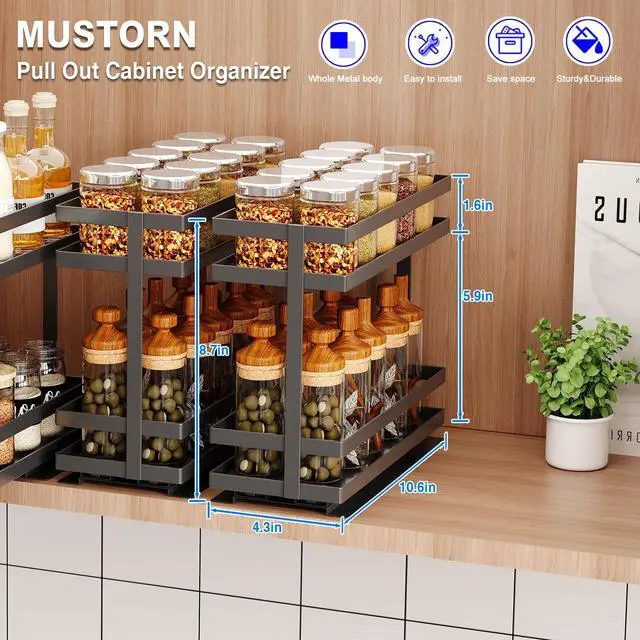 Alt view image 2 of 7 - 2 Pack Pull Out Spice Rack Organizer for Cabinet, 2 Tier Metal Slide Out Seasoning Organizer and Storage Heavy Duty Vertical Spice Rack Shelf Pullout for Kitchen Cabinets No Drilling (Black)