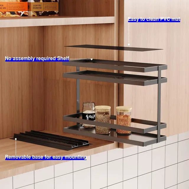 Alt view image 3 of 7 - 2 Pack Pull Out Spice Rack Organizer for Cabinet, 2 Tier Metal Slide Out Seasoning Organizer and Storage Heavy Duty Vertical Spice Rack Shelf Pullout for Kitchen Cabinets No Drilling (Black)