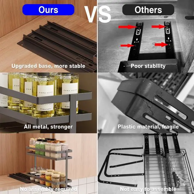 Alt view image 5 of 7 - 2 Pack Pull Out Spice Rack Organizer for Cabinet, 2 Tier Metal Slide Out Seasoning Organizer and Storage Heavy Duty Vertical Spice Rack Shelf Pullout for Kitchen Cabinets No Drilling (Black)