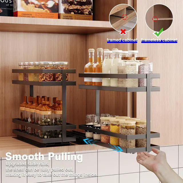 Alt view image 6 of 7 - 2 Pack Pull Out Spice Rack Organizer for Cabinet, 2 Tier Metal Slide Out Seasoning Organizer and Storage Heavy Duty Vertical Spice Rack Shelf Pullout for Kitchen Cabinets No Drilling (Black)