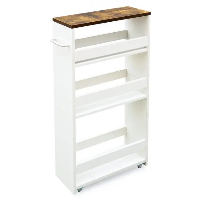 Main image of 4 Tier White Slim Storage Cart with Handle, Slide Out Storage Rolling Utility Cart Mobile Shelving Unit Organizer Trolley for Small Spaces Kitchen Laundry Narrow Places