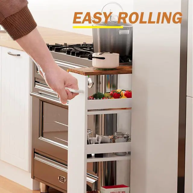 Alt view image 3 of 7 - 4 Tier White Slim Storage Cart with Handle, Slide Out Storage Rolling Utility Cart Mobile Shelving Unit Organizer Trolley for Small Spaces Kitchen Laundry Narrow Places