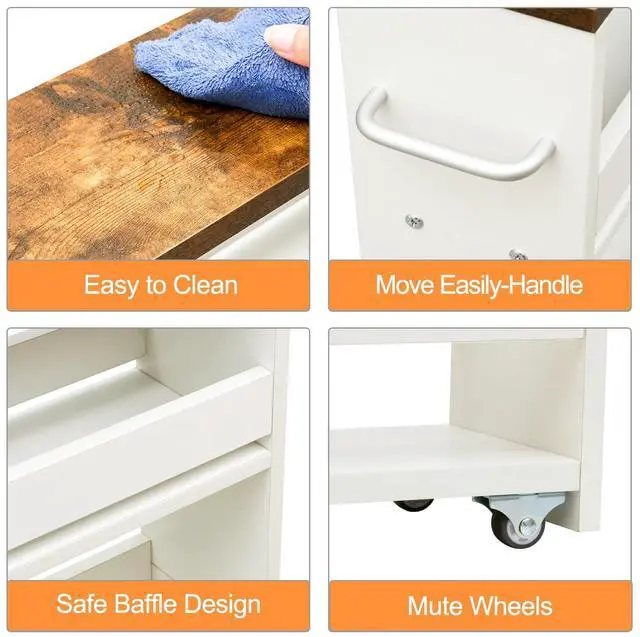 Alt view image 4 of 7 - 4 Tier White Slim Storage Cart with Handle, Slide Out Storage Rolling Utility Cart Mobile Shelving Unit Organizer Trolley for Small Spaces Kitchen Laundry Narrow Places