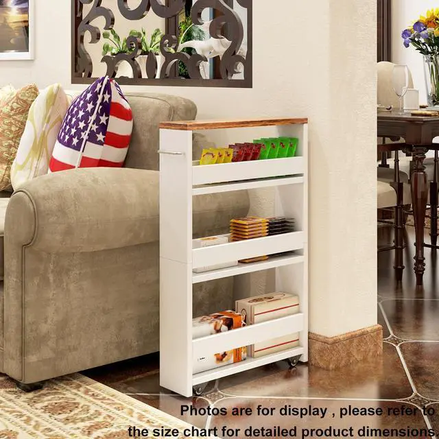 Alt view image 6 of 7 - 4 Tier White Slim Storage Cart with Handle, Slide Out Storage Rolling Utility Cart Mobile Shelving Unit Organizer Trolley for Small Spaces Kitchen Laundry Narrow Places