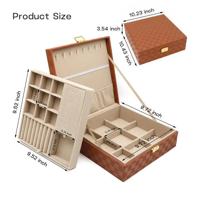 Alt view image 2 of 6 - Jewelry Organizer Box, Jewelry Box Organizers for Women Girls, 2 Layers Large Leather Jewels Storage Case for Earring, Rings, Necklaces, Bracelets, Big and Small Jewellery, Watch, Ideal Gift (Brwon)