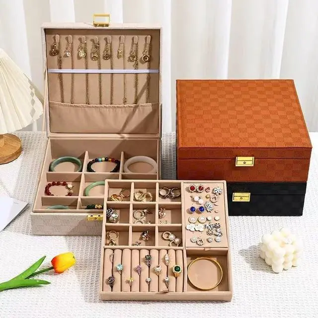 Alt view image 4 of 6 - Jewelry Organizer Box, Jewelry Box Organizers for Women Girls, 2 Layers Large Leather Jewels Storage Case for Earring, Rings, Necklaces, Bracelets, Big and Small Jewellery, Watch, Ideal Gift (Brwon)