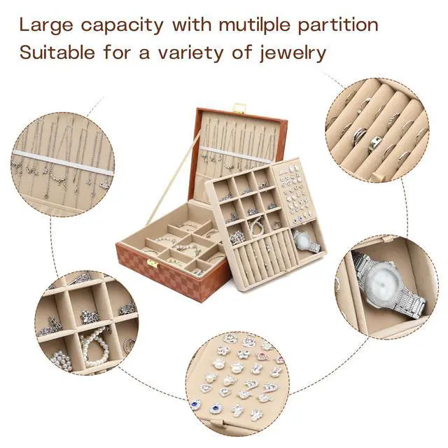 Alt view image 3 of 6 - Jewelry Organizer Box, Jewelry Box Organizers for Women Girls, 2 Layers Large Leather Jewels Storage Case for Earring, Rings, Necklaces, Bracelets, Big and Small Jewellery, Watch, Ideal Gift (Brwon)