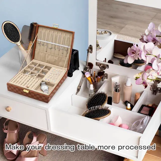 Alt view image 6 of 6 - Jewelry Organizer Box, Jewelry Box Organizers for Women Girls, 2 Layers Large Leather Jewels Storage Case for Earring, Rings, Necklaces, Bracelets, Big and Small Jewellery, Watch, Ideal Gift (Brwon)