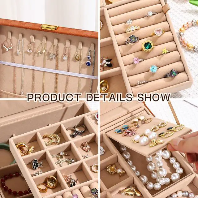 Alt view image 5 of 6 - Jewelry Organizer Box, Jewelry Box Organizers for Women Girls, 2 Layers Large Leather Jewels Storage Case for Earring, Rings, Necklaces, Bracelets, Big and Small Jewellery, Watch, Ideal Gift (Brwon)