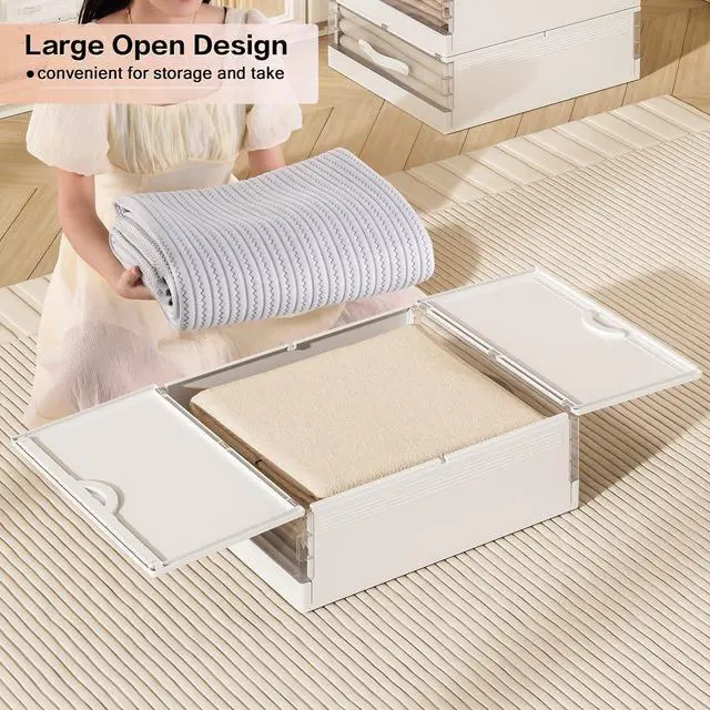 Alt view image 3 of 7 - Bed Sheet Organizers and Storage Plastic, 4 pcs Foldable Closet Organizer with Handle, Bedding Storage Box Container for Blanket, Duvet Cover Set, Bed Sheet Set, White