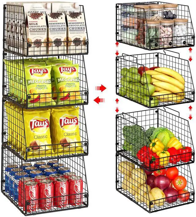 Main image of 4 Pack XXL Stackable Wire Storage Basket, Extra Large Capacity Pantry Organizer and Storage, Muti-Purpose for Fruit Vegetable Basket & Toy Bin & Snack Organizer