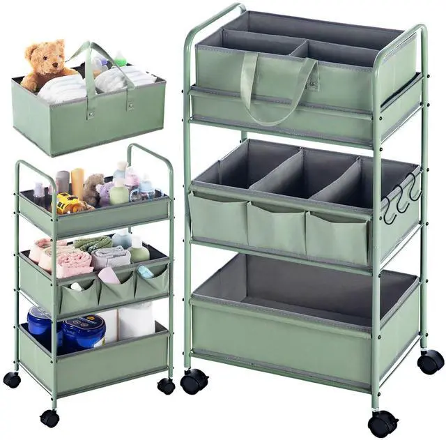 Main image of 2in1 Baby Diaper Caddy Organizer Cart 3 Tier Large Capacity Metal Utility Bedside Rolling Cart with Divider Newborn Registry Nursery Essential Must Have Crib Bedroom Baby Shower(Green)