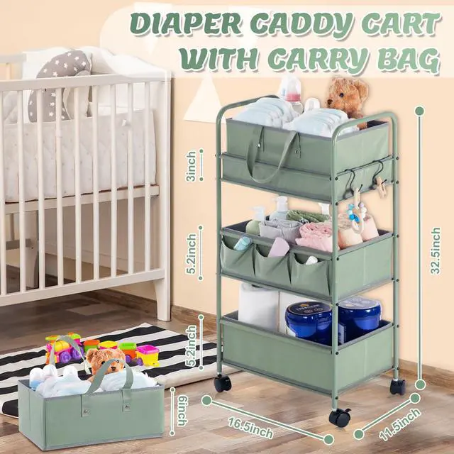 Alt view image 2 of 6 - 2in1 Baby Diaper Caddy Organizer Cart 3 Tier Large Capacity Metal Utility Bedside Rolling Cart with Divider Newborn Registry Nursery Essential Must Have Crib Bedroom Baby Shower(Green)