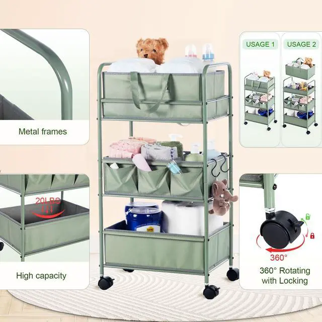 Alt view image 3 of 6 - 2in1 Baby Diaper Caddy Organizer Cart 3 Tier Large Capacity Metal Utility Bedside Rolling Cart with Divider Newborn Registry Nursery Essential Must Have Crib Bedroom Baby Shower(Green)