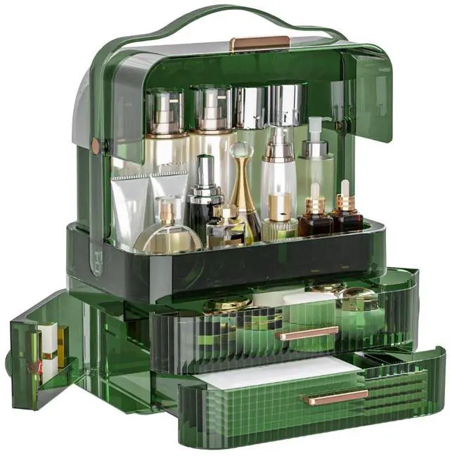 Main image of Cosmetics Storage Box Transparent Lid Large Makeup Organizer Box Drawers Portable Handle Waterproof Dustproof Skincare Display Cases for Countertop, Bathroom, Dresser,Gift Clear Green