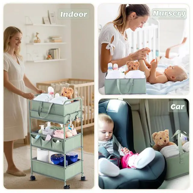 Alt view image 4 of 6 - 2in1 Baby Diaper Caddy Organizer Cart 3 Tier Large Capacity Metal Utility Bedside Rolling Cart with Divider Newborn Registry Nursery Essential Must Have Crib Bedroom Baby Shower(Green)
