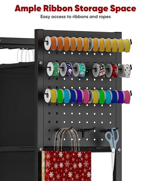 Alt view image 2 of 7 - Wrapping Paper Storage Organizer with Wheels, Gift Wrap Storage Station with Ribbon and Gift Bag Storage, Rolling Craft Storage Cart with 12PCS Slap Bands, Christmas Decor, Black