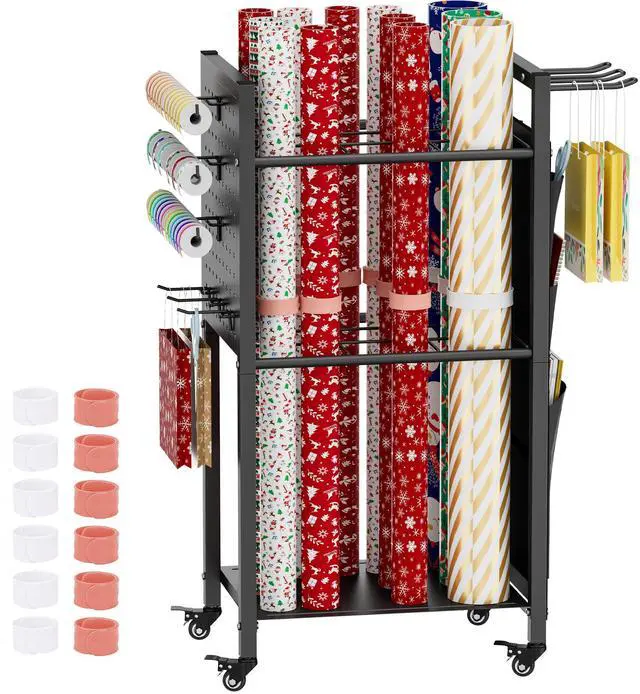 Main image of Wrapping Paper Storage Organizer with Wheels, Gift Wrap Storage Station with Ribbon and Gift Bag Storage, Rolling Craft Storage Cart with 12PCS Slap Bands, Christmas Decor, Black