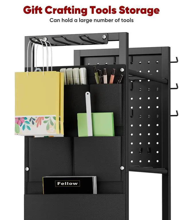 Alt view image 3 of 7 - Wrapping Paper Storage Organizer with Wheels, Gift Wrap Storage Station with Ribbon and Gift Bag Storage, Rolling Craft Storage Cart with 12PCS Slap Bands, Christmas Decor, Black