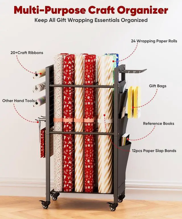 Alt view image 4 of 7 - Wrapping Paper Storage Organizer with Wheels, Gift Wrap Storage Station with Ribbon and Gift Bag Storage, Rolling Craft Storage Cart with 12PCS Slap Bands, Christmas Decor, Black
