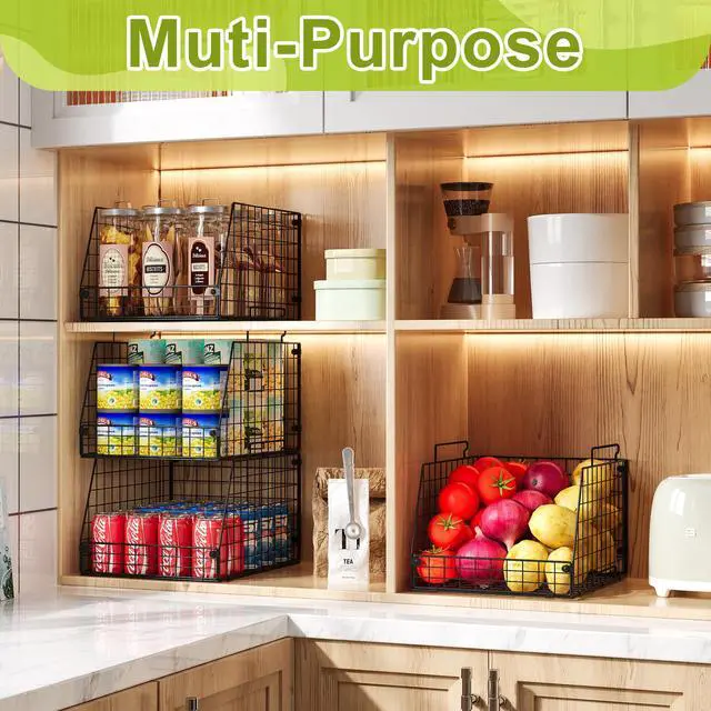Alt view image 6 of 7 - 4 Pack XXL Stackable Wire Storage Basket, Extra Large Capacity Pantry Organizer and Storage, Muti-Purpose for Fruit Vegetable Basket & Toy Bin & Snack Organizer