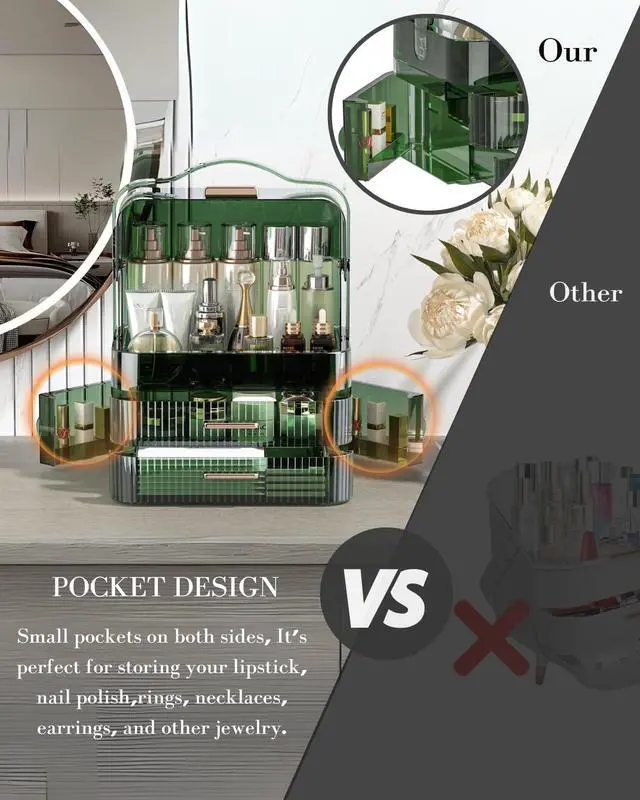 Alt view image 5 of 7 - Cosmetics Storage Box Transparent Lid Large Makeup Organizer Box Drawers Portable Handle Waterproof Dustproof Skincare Display Cases for Countertop, Bathroom, Dresser,Gift Clear Green