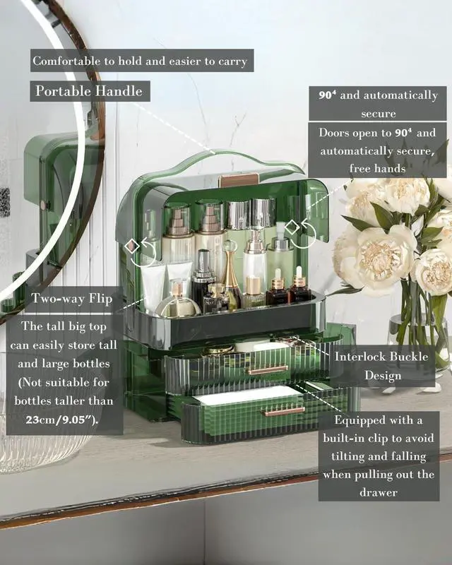 Alt view image 3 of 7 - Cosmetics Storage Box Transparent Lid Large Makeup Organizer Box Drawers Portable Handle Waterproof Dustproof Skincare Display Cases for Countertop, Bathroom, Dresser,Gift Clear Green
