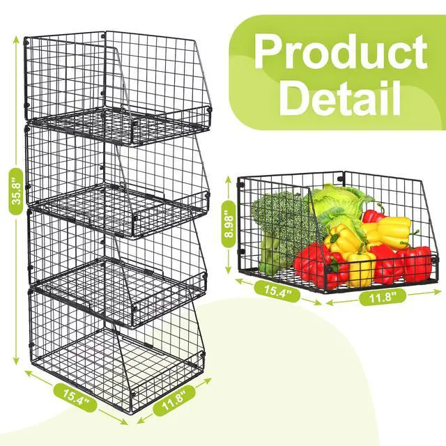 Alt view image 7 of 7 - 4 Pack XXL Stackable Wire Storage Basket, Extra Large Capacity Pantry Organizer and Storage, Muti-Purpose for Fruit Vegetable Basket & Toy Bin & Snack Organizer