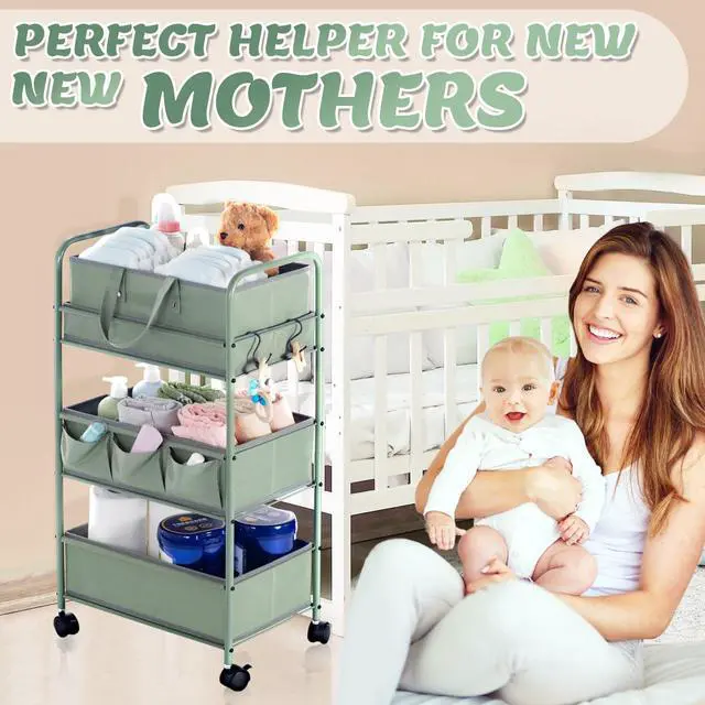 Alt view image 5 of 6 - 2in1 Baby Diaper Caddy Organizer Cart 3 Tier Large Capacity Metal Utility Bedside Rolling Cart with Divider Newborn Registry Nursery Essential Must Have Crib Bedroom Baby Shower(Green)