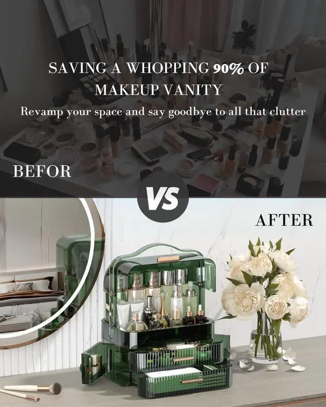 Alt view image 4 of 7 - Cosmetics Storage Box Transparent Lid Large Makeup Organizer Box Drawers Portable Handle Waterproof Dustproof Skincare Display Cases for Countertop, Bathroom, Dresser,Gift Clear Green
