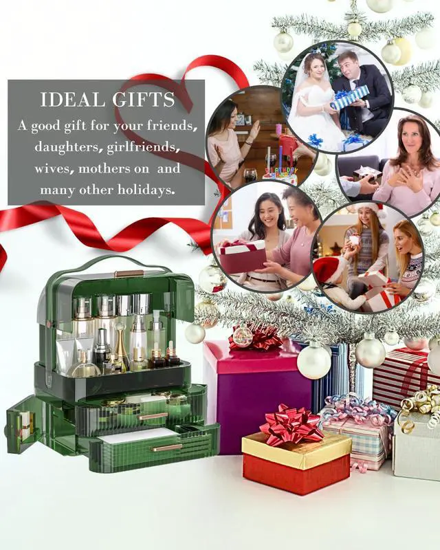 Alt view image 7 of 7 - Cosmetics Storage Box Transparent Lid Large Makeup Organizer Box Drawers Portable Handle Waterproof Dustproof Skincare Display Cases for Countertop, Bathroom, Dresser,Gift Clear Green